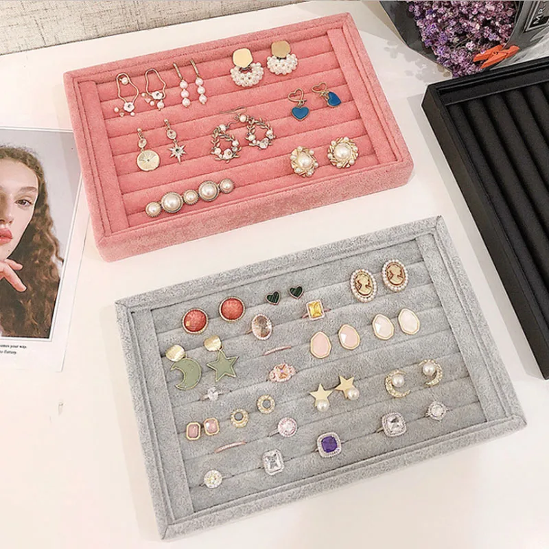 New Velvet Jewelry Flat Trays Box Earring Rings Storage Box Jewelry Case Display Convenient Charming Women Rings Trays Makeup