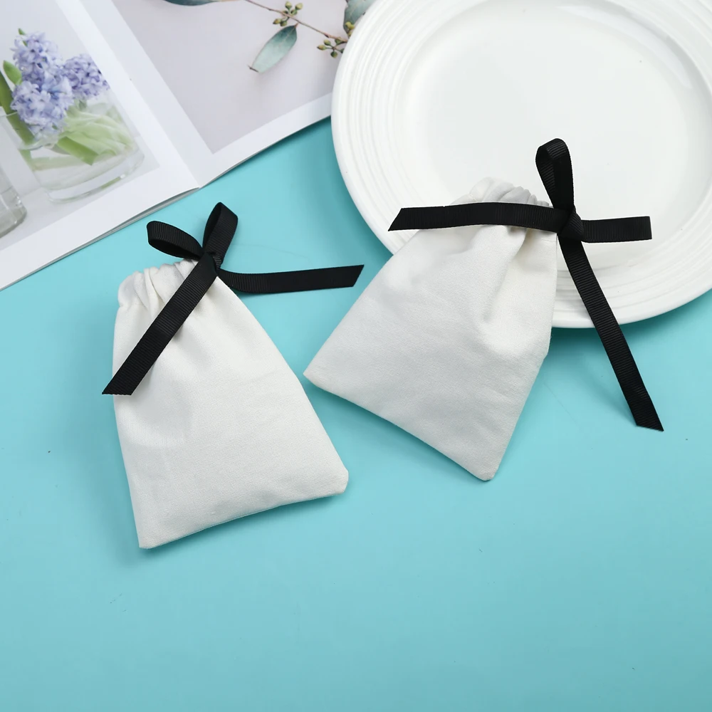 100pcs White Jewelry Cotton Bags with Ribbon Handmade Drawstring Bags Birthday Wedding Birthday Newborn Sack Gift Packing Pouch
