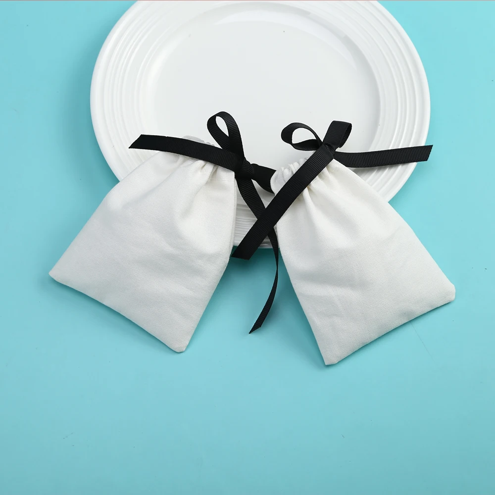 100pcs White Jewelry Cotton Bags with Ribbon Handmade Drawstring Bags Birthday Wedding Birthday Newborn Sack Gift Packing Pouch