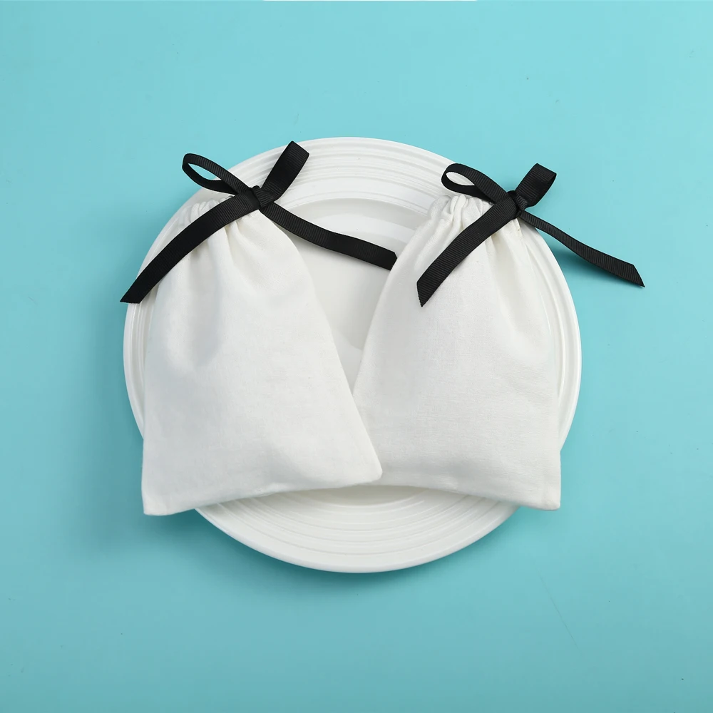 100pcs White Jewelry Cotton Bags with Ribbon Handmade Drawstring Bags Birthday Wedding Birthday Newborn Sack Gift Packing Pouch