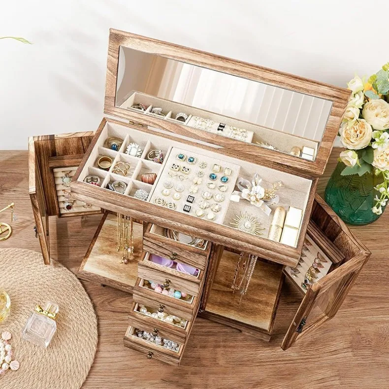 Wood Jewelry Storage Box Necklace Retro Jewelry Organizer Box Ring Bracelet Stud Earring Storage Boxes Display Stand with Mirror