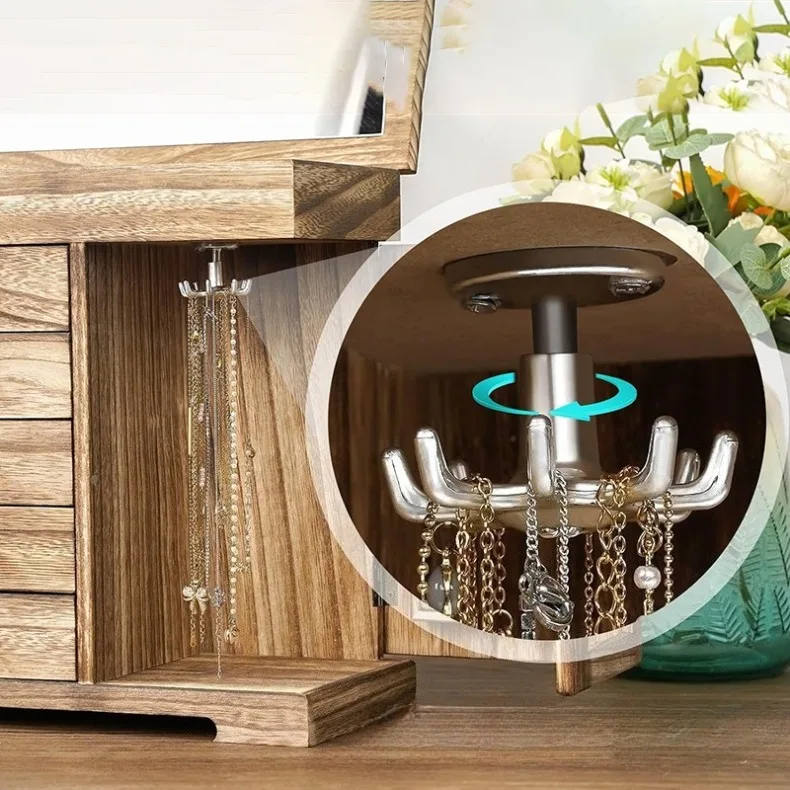 Wood Jewelry Storage Box Necklace Retro Jewelry Organizer Box Ring Bracelet Stud Earring Storage Boxes Display Stand with Mirror