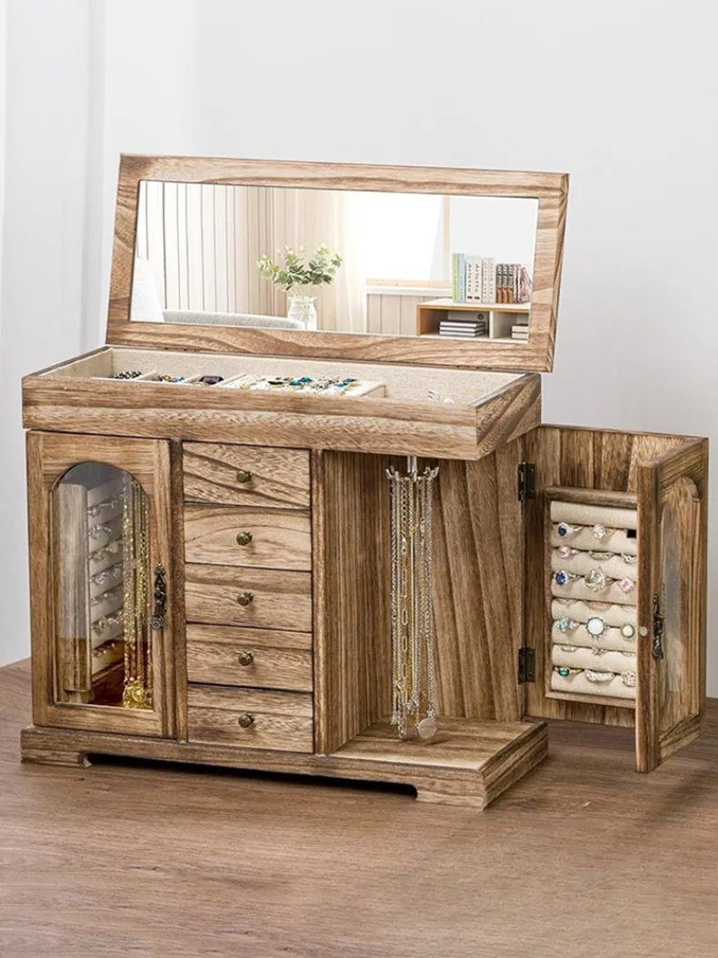 Wood Jewelry Storage Box Necklace Retro Jewelry Organizer Box Ring Bracelet Stud Earring Storage Boxes Display Stand with Mirror