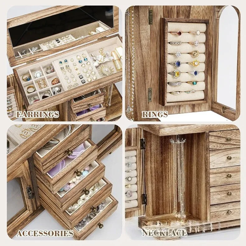 Wood Jewelry Storage Box Necklace Retro Jewelry Organizer Box Ring Bracelet Stud Earring Storage Boxes Display Stand with Mirror
