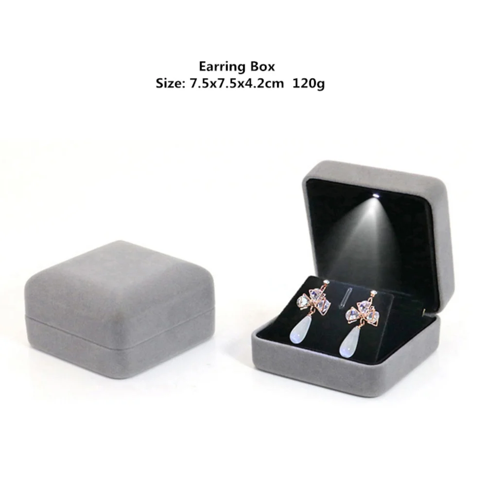 Velvet LED Jewellery Box Wedding Ring Pendant Earring Jewelry Display Packaging Cases Free Custom Logo Jewellery Gift Box