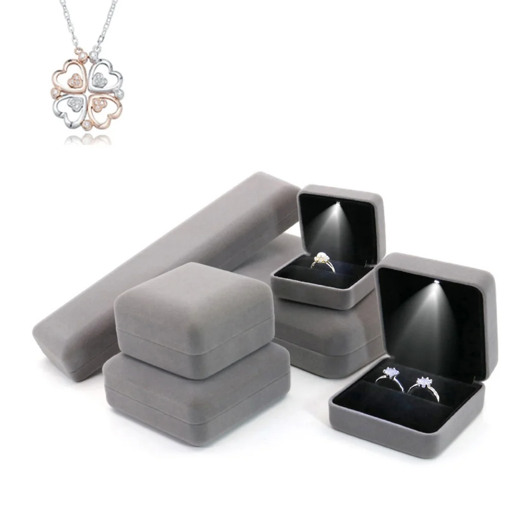 Velvet LED Jewellery Box Wedding Ring Pendant Earring Jewelry Display Packaging Cases Free Custom Logo Jewellery Gift Box