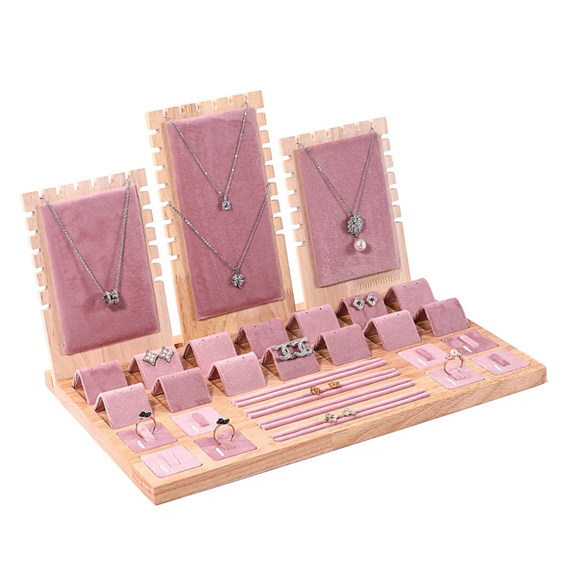 Set Jewelry Display Tray for Exhibitor Necklace Earring Rings Organizer Props Beautiful Pink Fabric Jewelry Showcase Frame