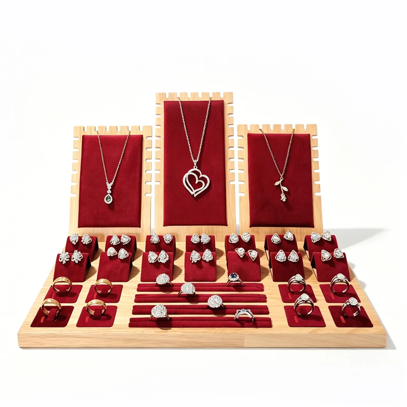 Set Jewelry Display Tray for Exhibitor Necklace Earring Rings Organizer Props Beautiful Pink Fabric Jewelry Showcase Frame