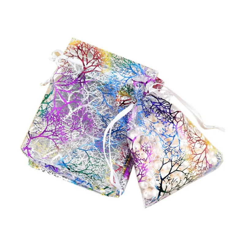 100pcs 7x9cm 9x12cm Coral Bronzing Drawstring Organza Bags Jewelry Packaging Bag Wedding Christmas Gift Bags Jewelry Pouches