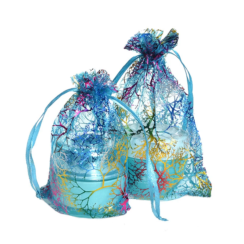 100pcs 7x9cm 9x12cm Coral Bronzing Drawstring Organza Bags Jewelry Packaging Bag Wedding Christmas Gift Bags Jewelry Pouches