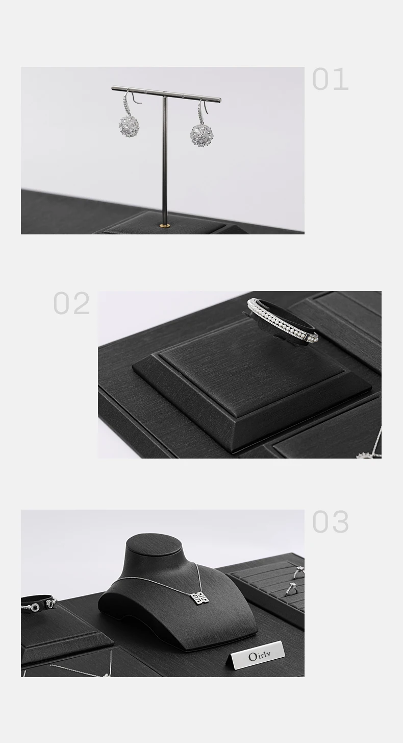 Oirlv Black Leather Jewelry Display Set Shop Cabinet Display Prop for Necklace Display Bust Ring Earrings Bangle Decoration Rack
