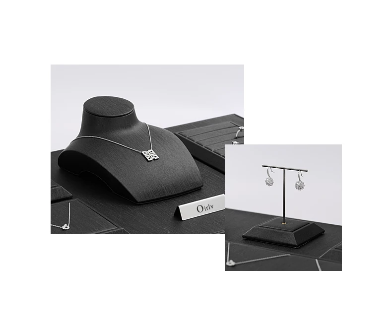Oirlv Black Leather Jewelry Display Set Shop Cabinet Display Prop for Necklace Display Bust Ring Earrings Bangle Decoration Rack