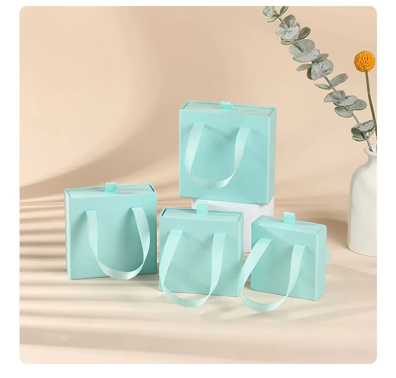 10pcs Paper Jewelry Box Bracelet Necklace Ring Earring Box Ribbon Handle Kraft Wedding Gifts Packaging Box Jewelry Accessories