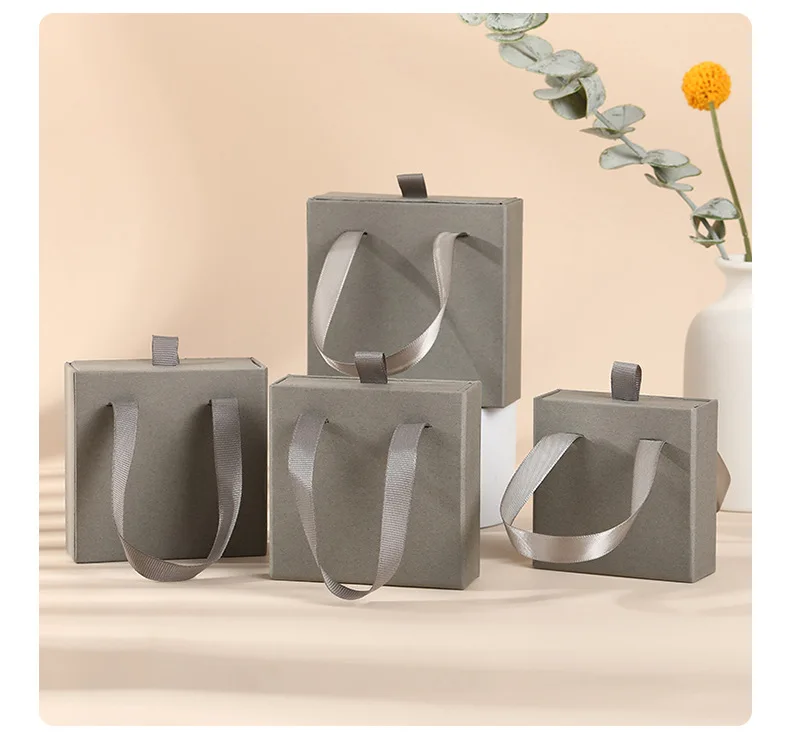 10pcs Paper Jewelry Box Bracelet Necklace Ring Earring Box Ribbon Handle Kraft Wedding Gifts Packaging Box Jewelry Accessories