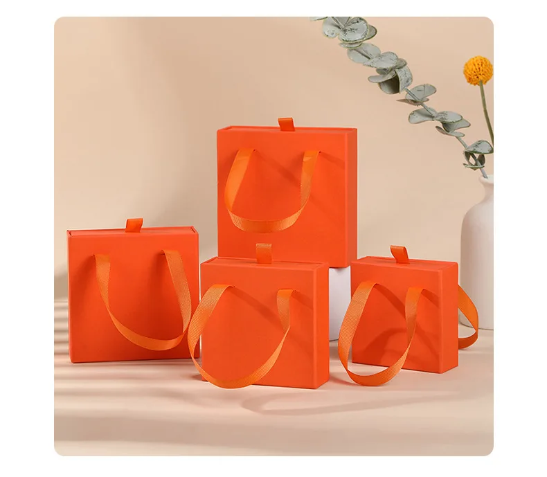 10pcs Paper Jewelry Box Bracelet Necklace Ring Earring Box Ribbon Handle Kraft Wedding Gifts Packaging Box Jewelry Accessories