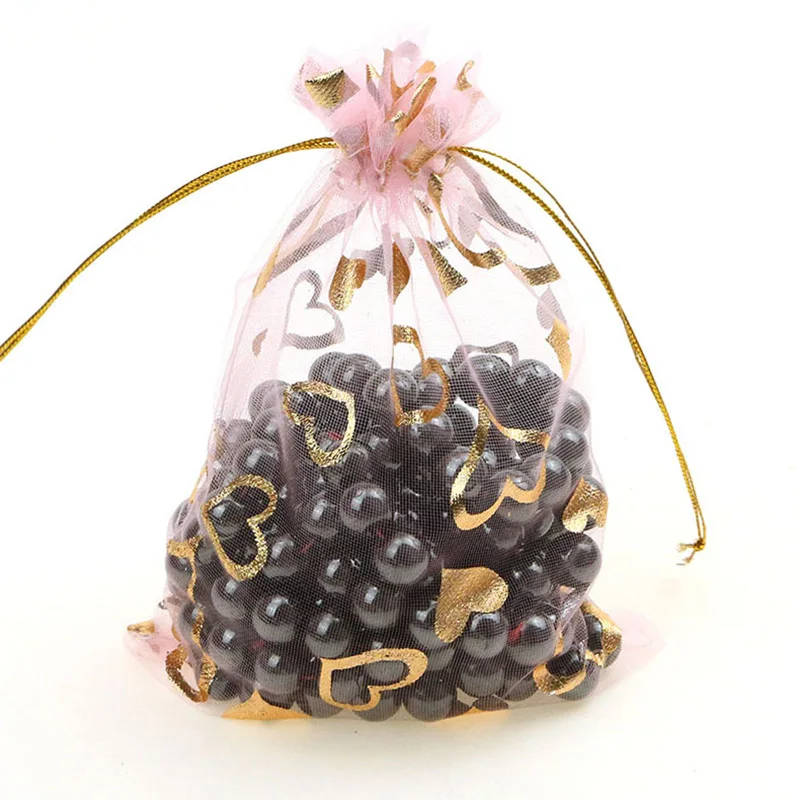 100Pcs 15x20cm 17x23cm 20x30 Gold Color Love Heart Rose Organza Bag Wedding Candy Gift Christmas Bags Jewelry Decoration Packing