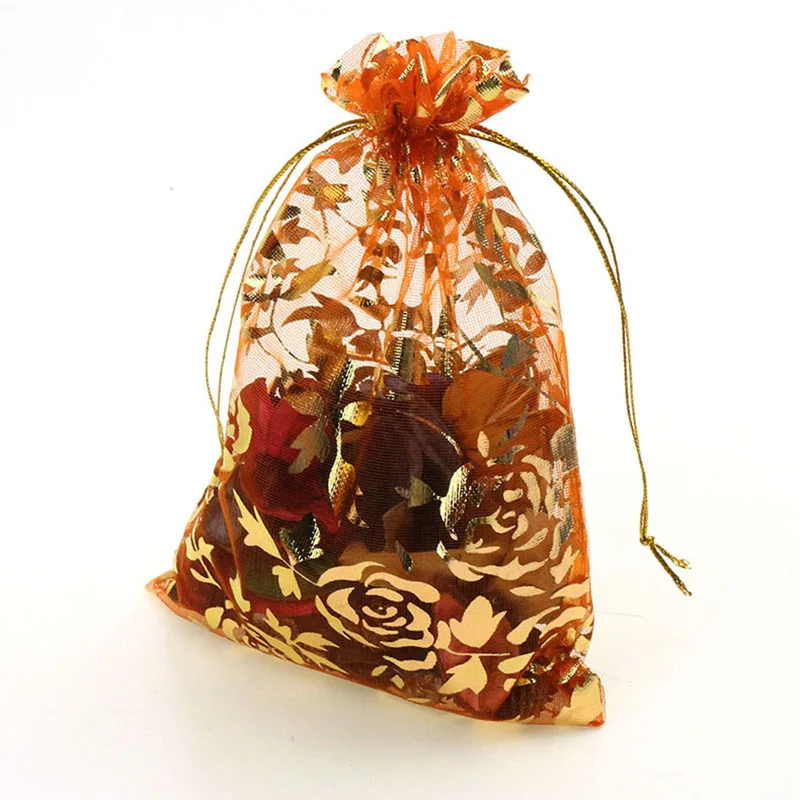 100Pcs 15x20cm 17x23cm 20x30 Gold Color Love Heart Rose Organza Bag Wedding Candy Gift Christmas Bags Jewelry Decoration Packing