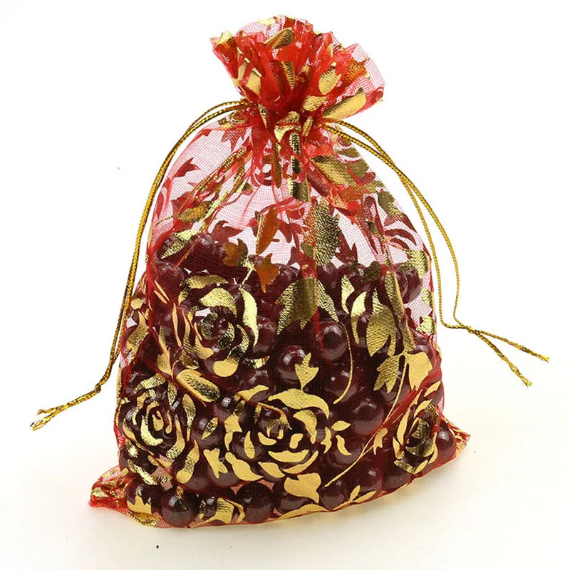 100Pcs 15x20cm 17x23cm 20x30 Gold Color Love Heart Rose Organza Bag Wedding Candy Gift Christmas Bags Jewelry Decoration Packing