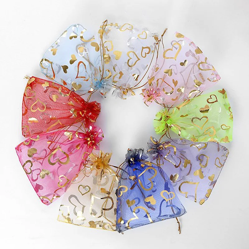 100Pcs 15x20cm 17x23cm 20x30 Gold Color Love Heart Rose Organza Bag Wedding Candy Gift Christmas Bags Jewelry Decoration Packing