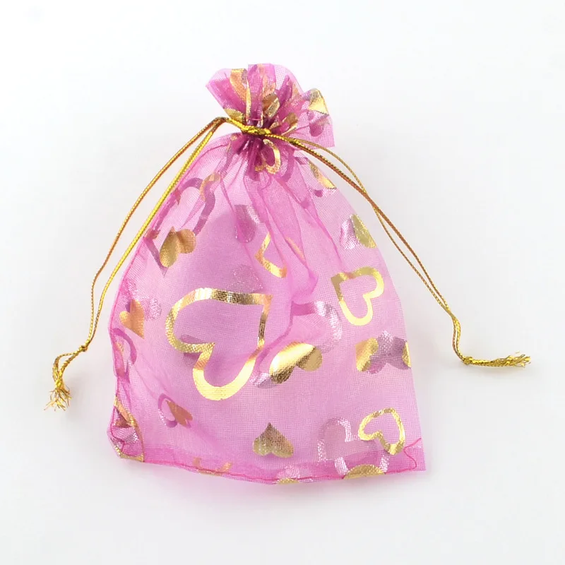 100Pcs 15x20cm 17x23cm 20x30 Gold Color Love Heart Rose Organza Bag Wedding Candy Gift Christmas Bags Jewelry Decoration Packing
