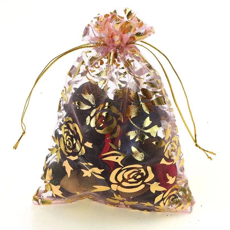 100Pcs 15x20cm 17x23cm 20x30 Gold Color Love Heart Rose Organza Bag Wedding Candy Gift Christmas Bags Jewelry Decoration Packing