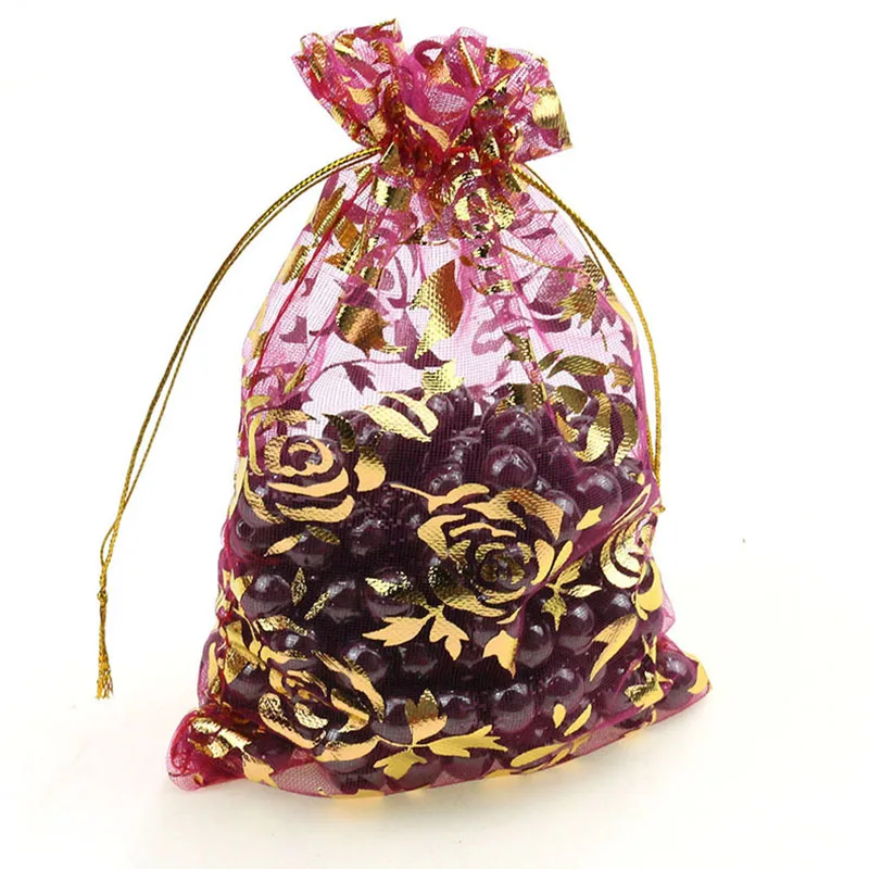 100Pcs 15x20cm 17x23cm 20x30 Gold Color Love Heart Rose Organza Bag Wedding Candy Gift Christmas Bags Jewelry Decoration Packing