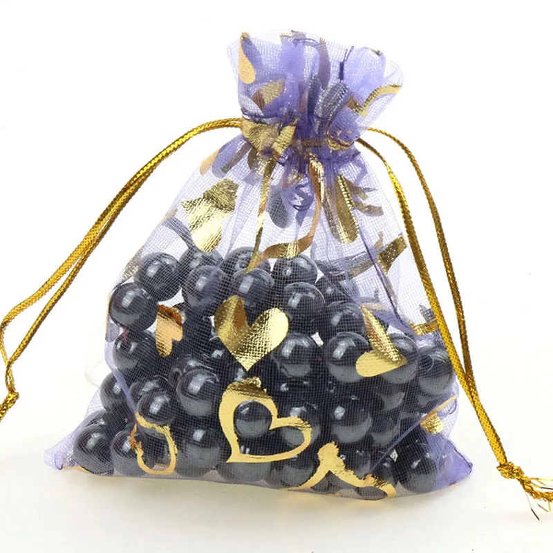 100Pcs 15x20cm 17x23cm 20x30 Gold Color Love Heart Rose Organza Bag Wedding Candy Gift Christmas Bags Jewelry Decoration Packing