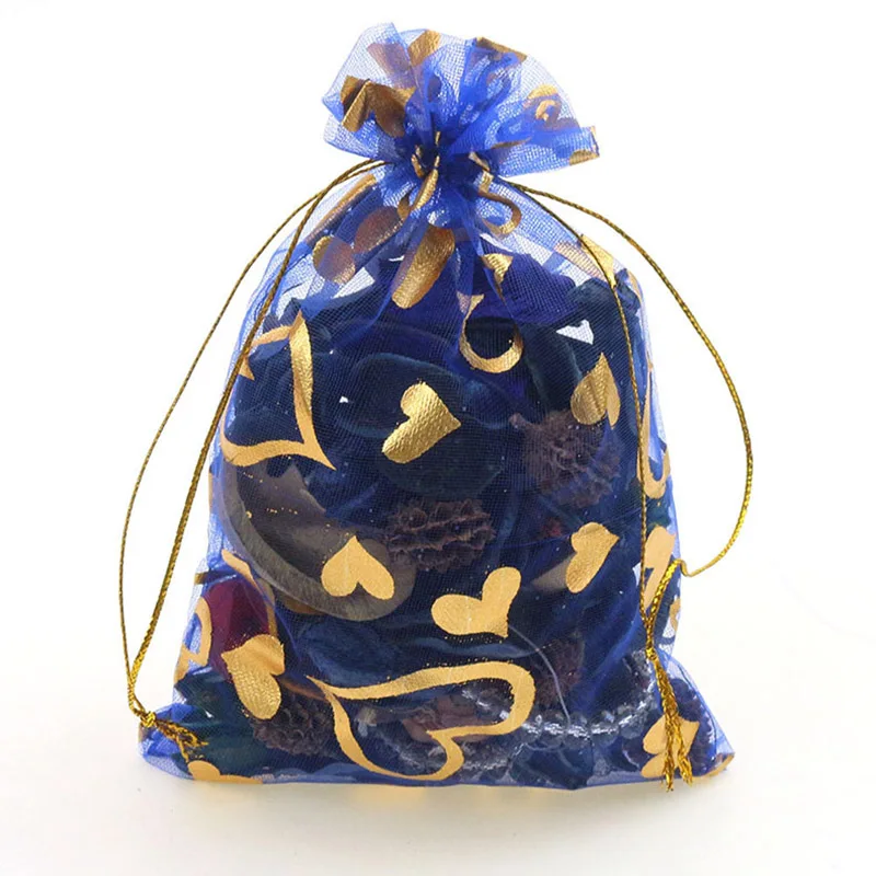 100Pcs 15x20cm 17x23cm 20x30 Gold Color Love Heart Rose Organza Bag Wedding Candy Gift Christmas Bags Jewelry Decoration Packing