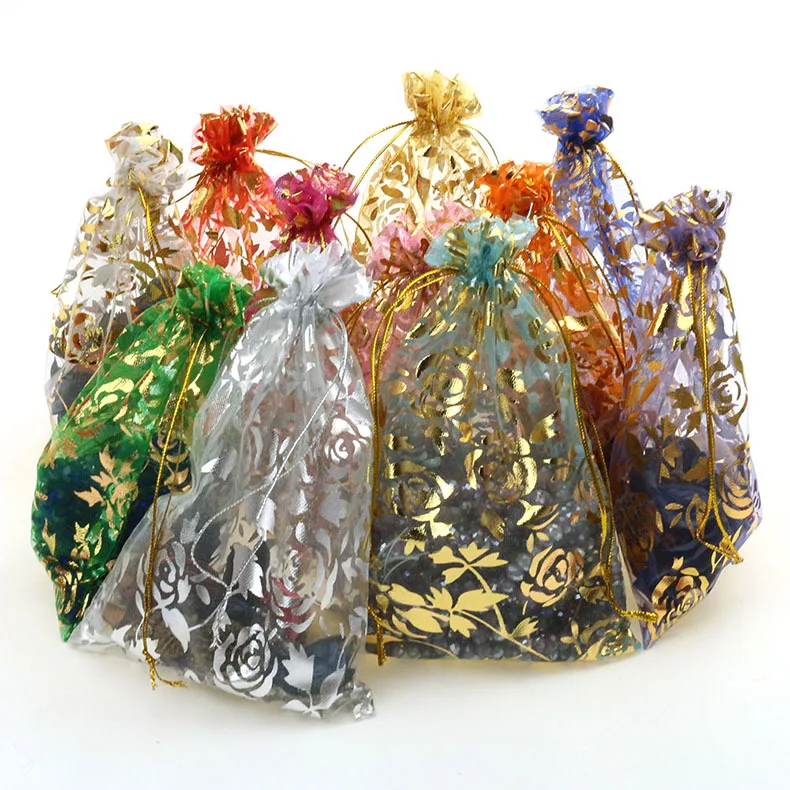 100Pcs 15x20cm 17x23cm 20x30 Gold Color Love Heart Rose Organza Bag Wedding Candy Gift Christmas Bags Jewelry Decoration Packing