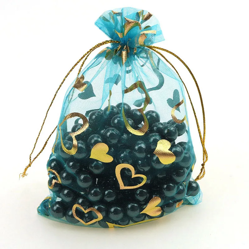 100Pcs 15x20cm 17x23cm 20x30 Gold Color Love Heart Rose Organza Bag Wedding Candy Gift Christmas Bags Jewelry Decoration Packing