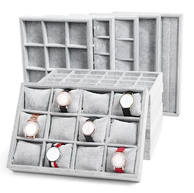 Fashion Ice Grey Velvet Jewelry Tray Jewelllery Storage Box Watch Holder Necklace Ring Earrings Pendant Display Organizer Series