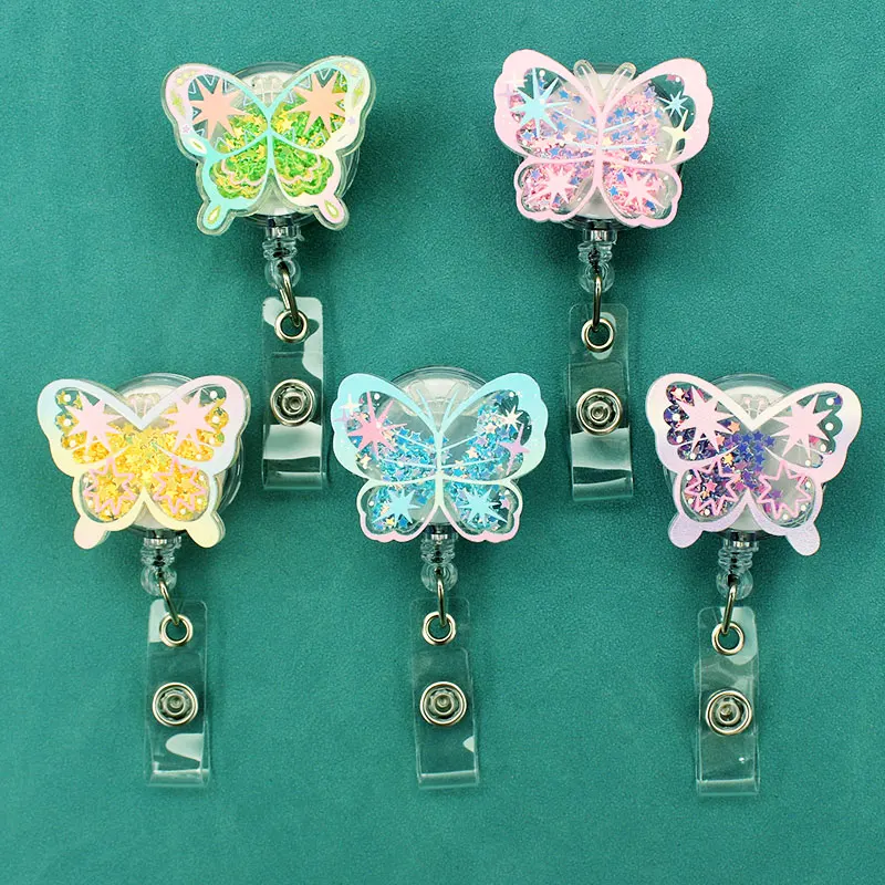 5 Colors Quicksand Acrylic Butterfly Badge Reel Retractable ID Badge Holder With 360 Rotating Alligator Clip Name Holder