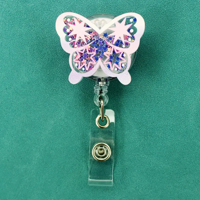 5 Colors Quicksand Acrylic Butterfly Badge Reel Retractable ID Badge Holder With 360 Rotating Alligator Clip Name Holder