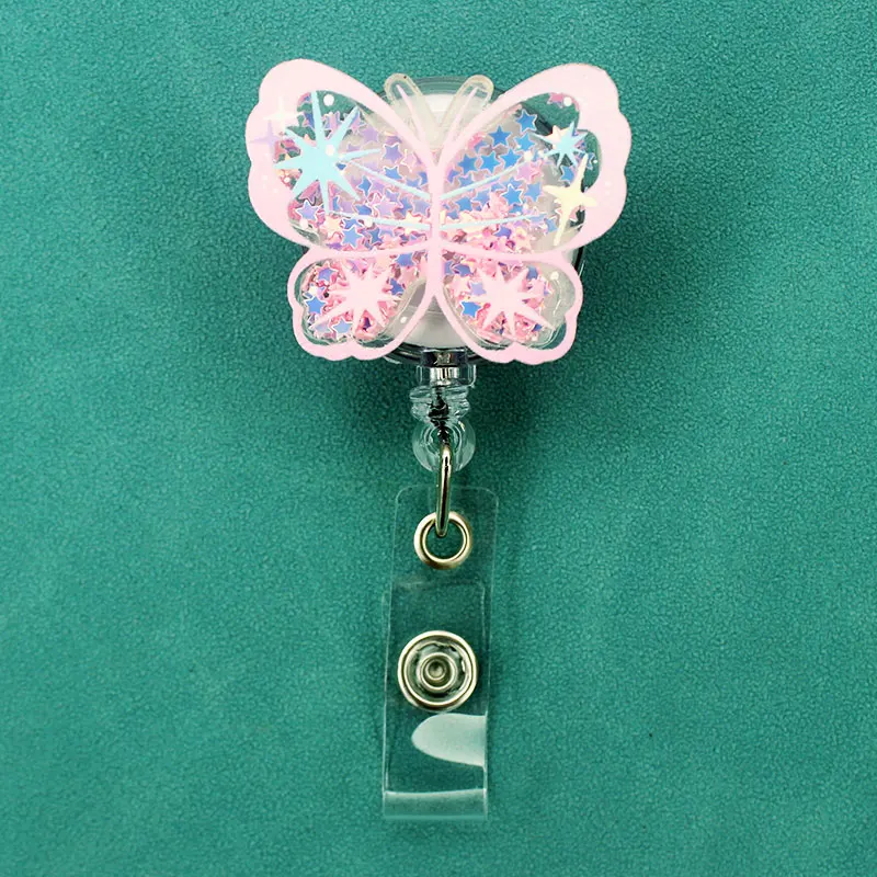 5 Colors Quicksand Acrylic Butterfly Badge Reel Retractable ID Badge Holder With 360 Rotating Alligator Clip Name Holder