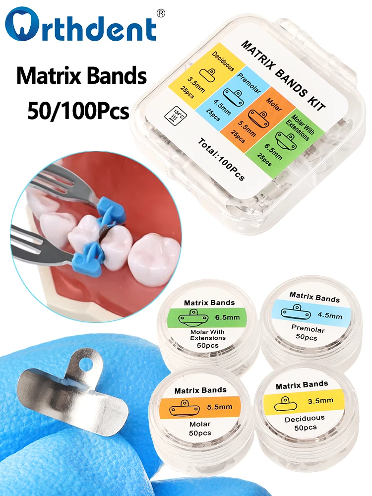50/100Pcs Dental Matrix Bands Sectional Contoured Metal Matrices Refill Forming 3.5/4.5/5.5/6.5mm Dentistry Orthodontic Material