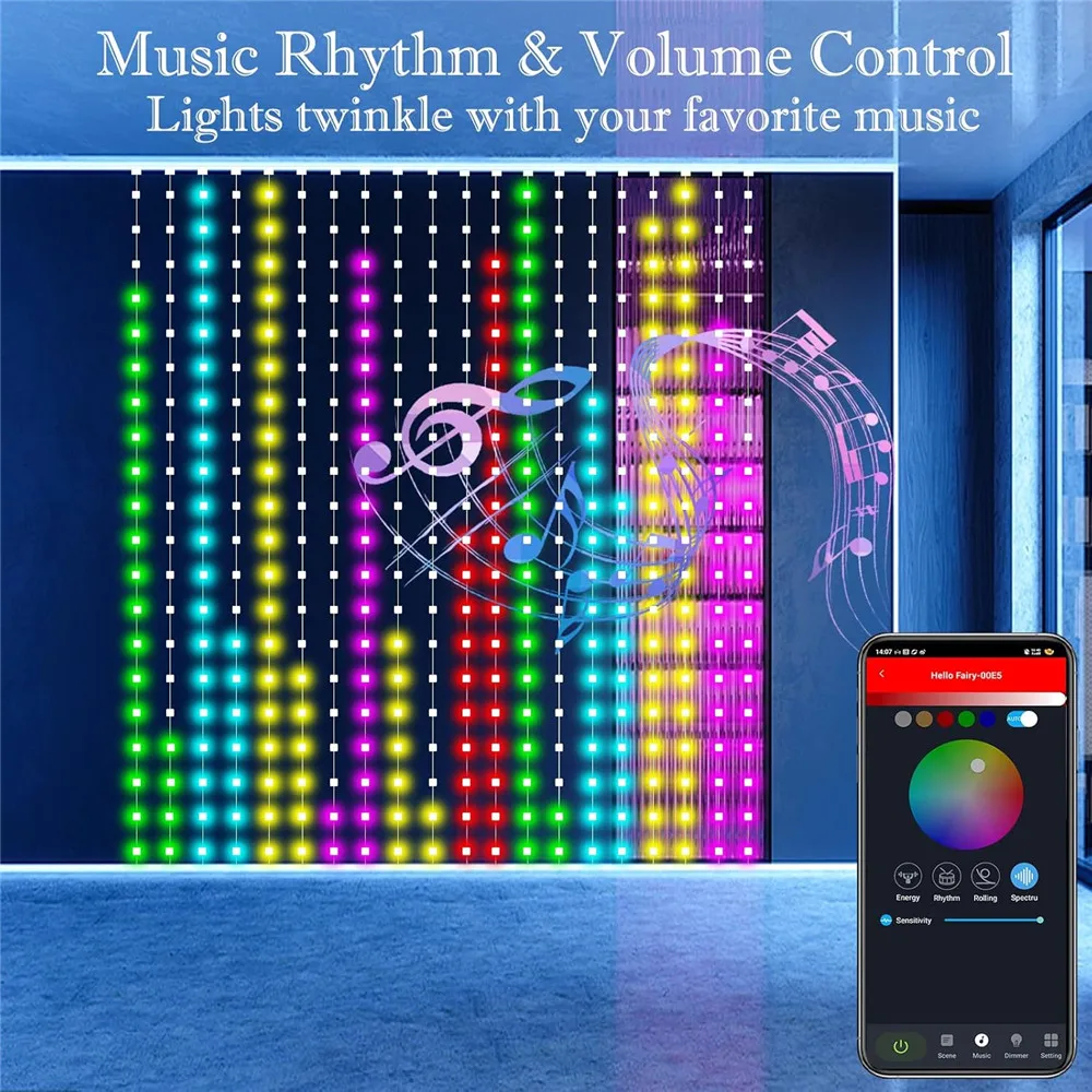 400-800 LED RGB Smart Curtain Lights with Music,App Controls and Remote,LED Party Lights for Wedding/Valentine's Day/Birthday