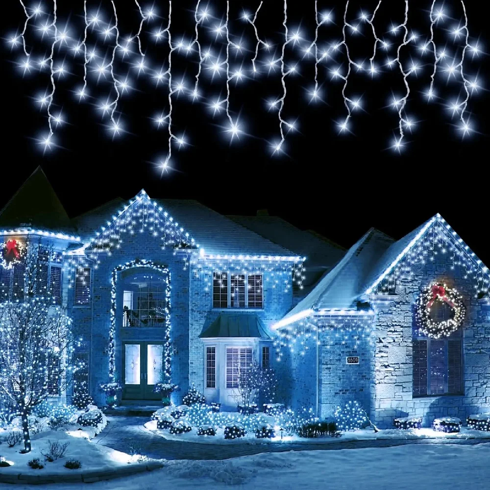 Solar Curtain Icicle Lights Christmas Lights Outdoor Waterproof Eaves Decor String Lights for Yard Party Holiday Decorations