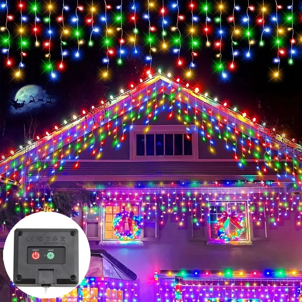 Solar Curtain Icicle Lights Christmas Lights Outdoor Waterproof Eaves Decor String Lights for Yard Party Holiday Decorations