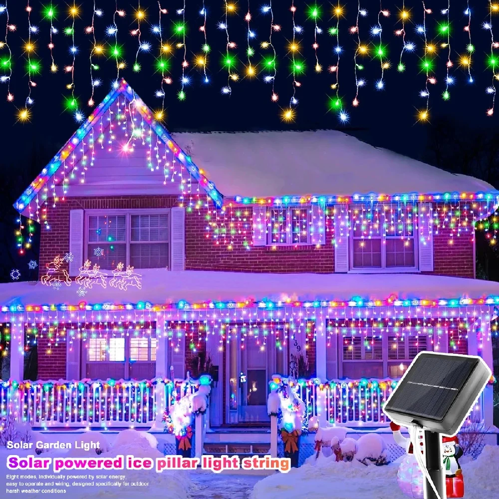 Solar Curtain Icicle Lights Christmas Lights Outdoor Waterproof Eaves Decor String Lights for Yard Party Holiday Decorations