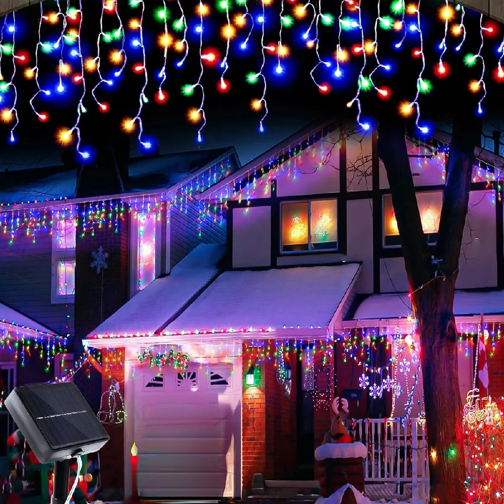 Solar Curtain Icicle Lights Christmas Lights Outdoor Waterproof Eaves Decor String Lights for Yard Party Holiday Decorations