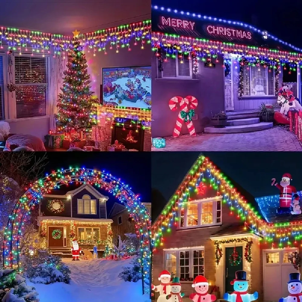 Solar Curtain Icicle Lights Christmas Lights Outdoor Waterproof Eaves Decor String Lights for Yard Party Holiday Decorations