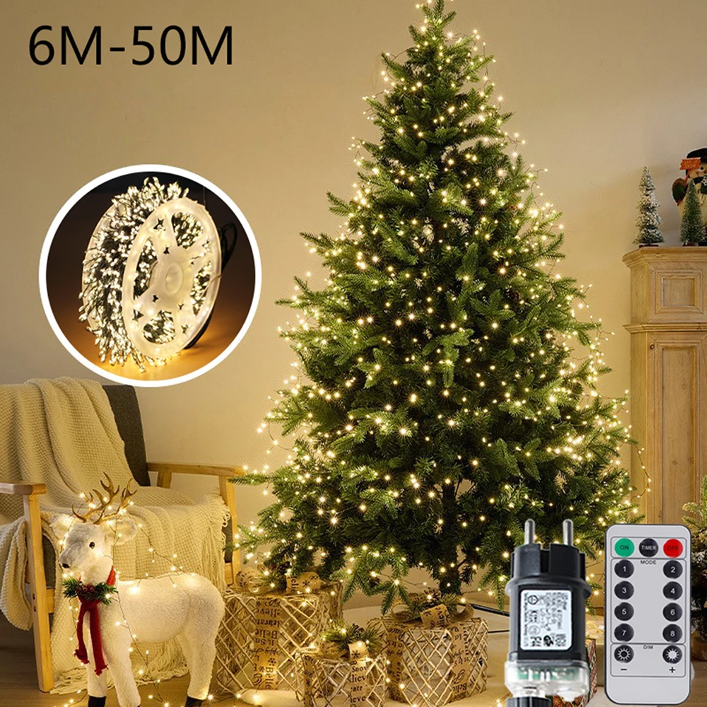 6M-75M Green Wire LED String Fairy Cluster Lights Christmas Tree Lights Outdoor Garland New Year Street Home Party Wedding Decor