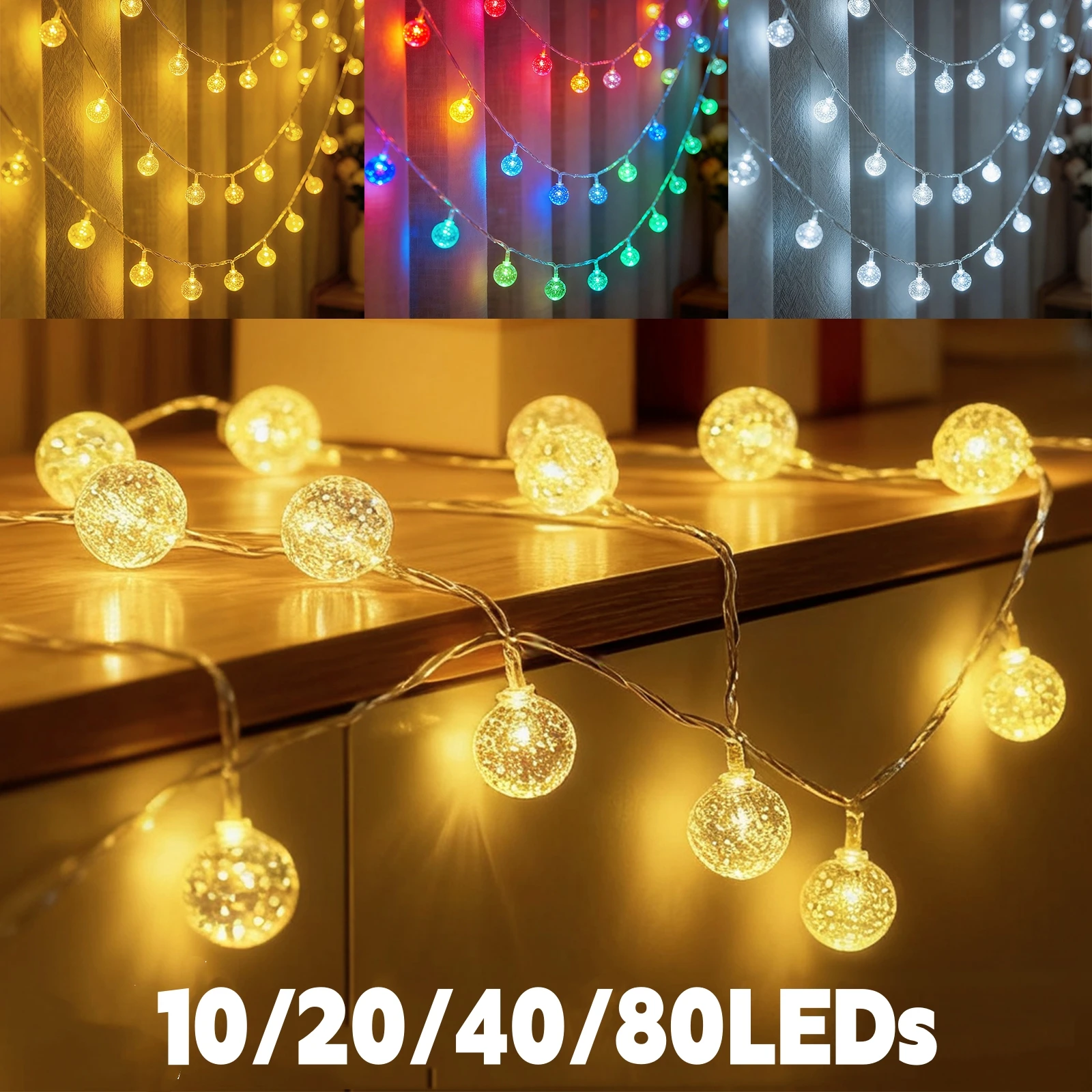 USB/Battery Powered String Lights 10/20/40/80 LEDs Crystal Globe Balls Waterproof Fairy Garland For Outdoor Garden Xmas Wedding