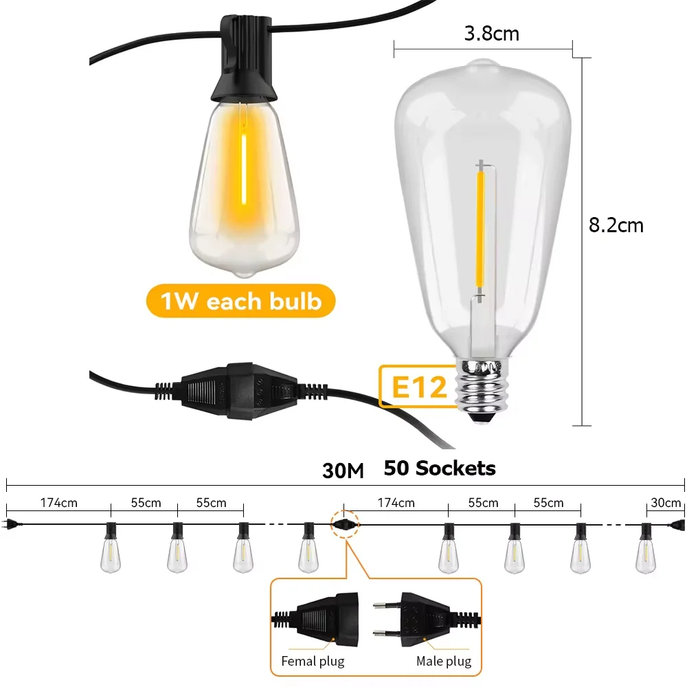 String Light Festival Light ST38 100FT 50Bulbs Indoor Retro Light String Garden Decoration String Light