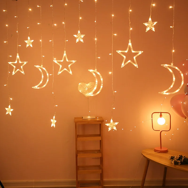 3.5M LED Curtain String Lights Fairy Decoration Holiday Garland Moon Star Lamp for Home Garden Christmas Party New Year Wedding