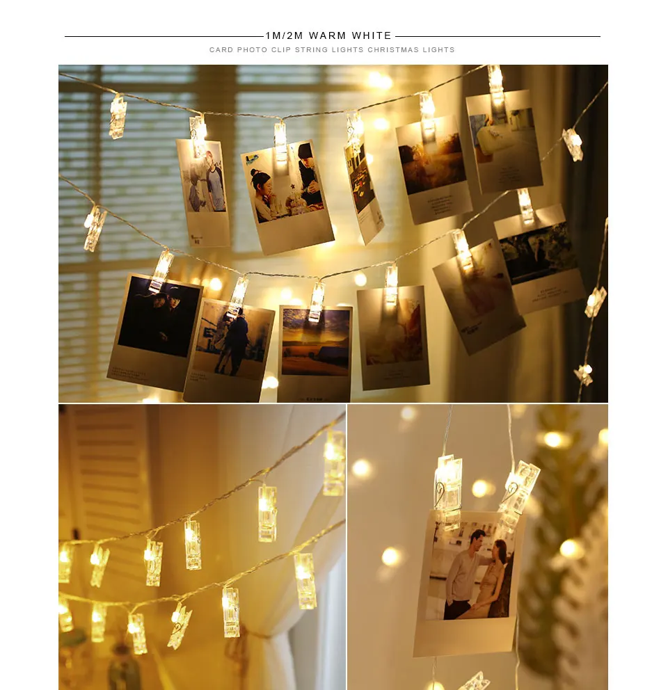 1M 2M Photo Clips String Lights Christmas Fairy Lights Battery-operated Garland Hanging Picture Cards Holder Holiday Lamp Decor