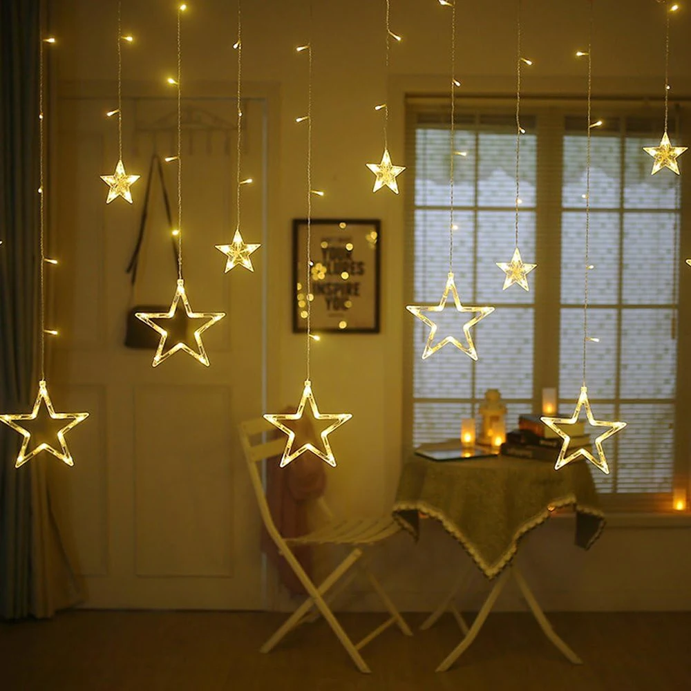 3.5m 138 LED Icicle Star Fairy Lights String Lantern Wreath Curtain Star Wedding Home Christmas Party New Year Decoration Lamp