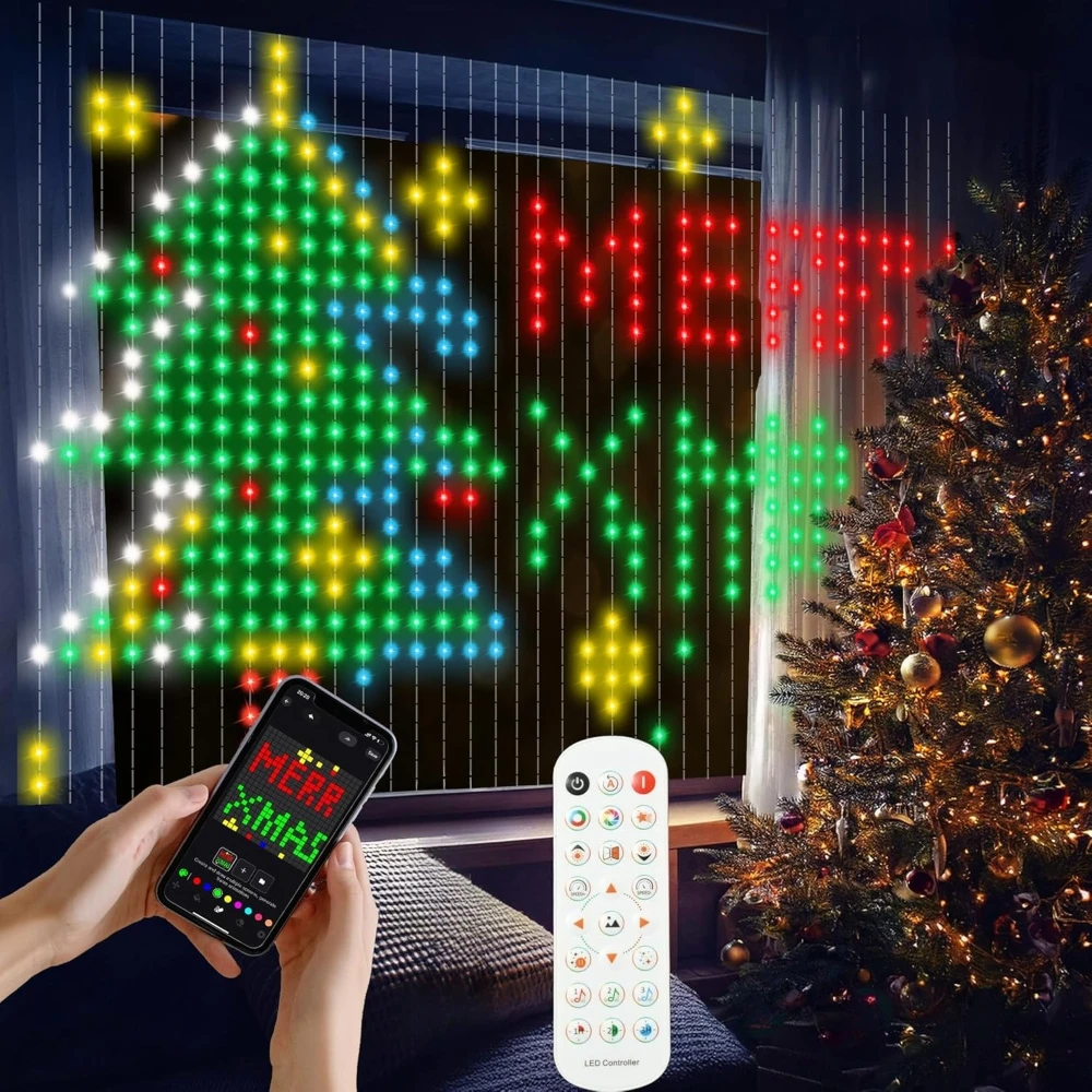 1PC 1x1/2x2/3x3m 400LEDS Smart Christmas Curtain Lights with APP & Remote Control DIY Projector Waterproof Outdoor Wall Decor