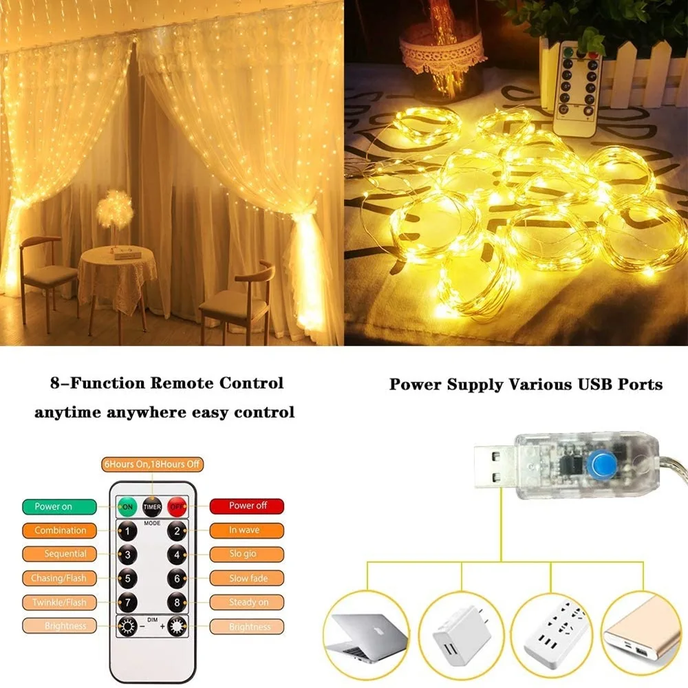 Christmas 3M LED Curtain Garland Fairy String Light USB Remote Control Wedding Party Holiday Decoration for Home Bedroom Curtain