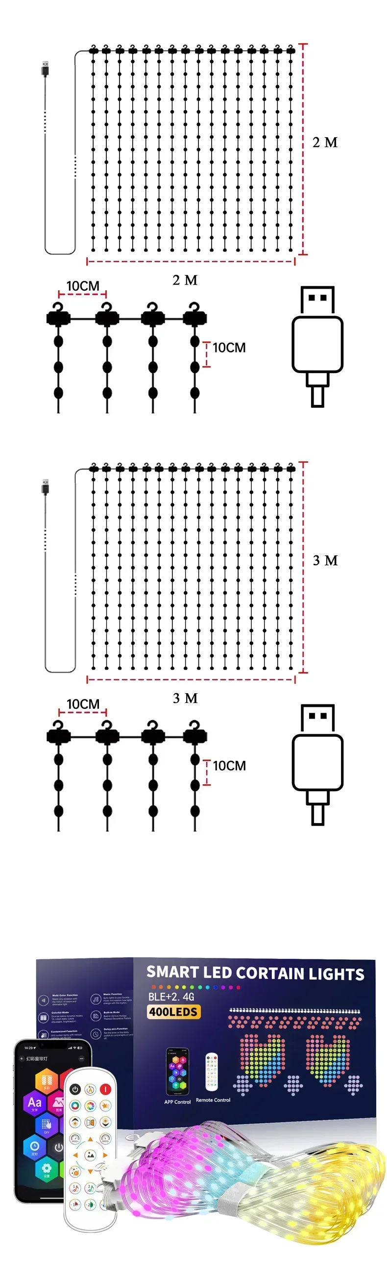 Smart Curtain Lights 400 LED Curtain Fairy Lights with App & Remote Music Sync Programmable Window Hanging Light Dynamic DIY